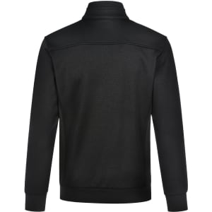A black men's jacquard fleece jacket with a high collar and a smooth finish, featuring a logo on the back.