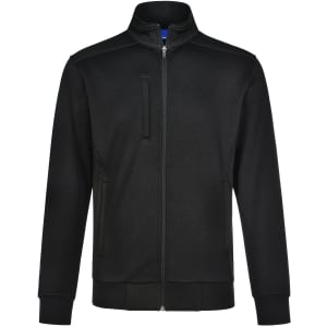 A black men's jacquard fleece jacket with a zip front, side pockets, and a collar, featuring a small logo.