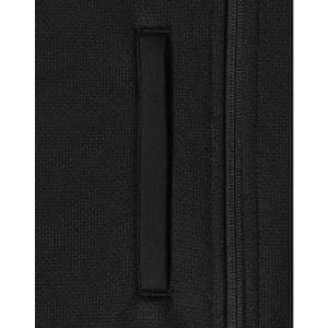 A black fleece jacket featuring a zippered pocket and a smooth texture. It has a simple design with a logo.