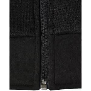 A black men's jacquard fleece jacket featuring a front zipper and ribbed cuffs. It has a logo on it.