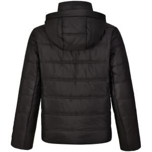 A black unisex sustainable seamless parka jacket with a hood, featuring a 3D cut design on the back.