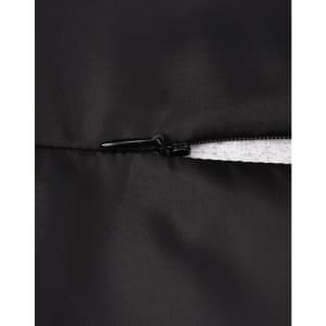 A close-up of a black parka jacket featuring a zipper and seamless design. It includes a logo on the fabric.