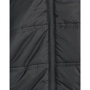 A close-up of a black, unisex sustainable parka jacket featuring a seamless design and zip closure.