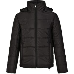 A unisex sustainable seamless parka jacket in black, featuring a zip front and hood, with a textured finish.