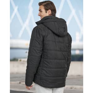A unisex sustainable seamless parka jacket in black with a hood and 3D cut, shown from the back.