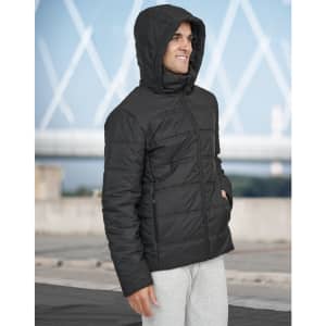A black unisex sustainable seamless parka jacket with a hood, featuring a quilted design and pockets.