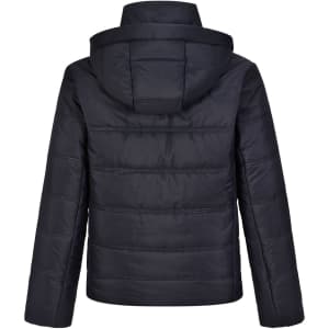 A black unisex sustainable seamless parka jacket featuring a hood and padded design, with a subtle logo.