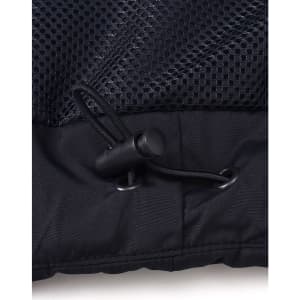 A close-up of a black unisex parka jacket featuring a mesh panel and adjustable drawcord at the hem.