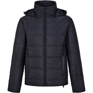 A unisex sustainable seamless parka jacket in black, featuring a zip front and a hood, with a subtle logo.