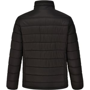 A black men's sustainable insulated puffer jacket with a 3D cut, featuring a sleek, quilted design.