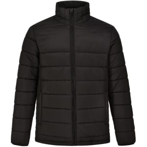A black men's puffer jacket with a high collar and insulated design, featuring a logo on the front.
