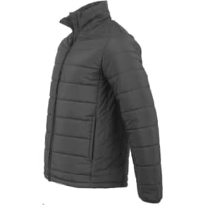 A men's sustainable insulated puffer jacket in grey, featuring a 3D cut design. The jacket has a front zip and a collar.