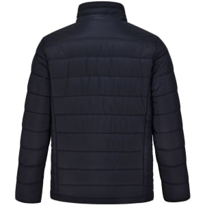 A men's sustainable insulated puffer jacket in dark navy, featuring a 3D cut design and a logo.
