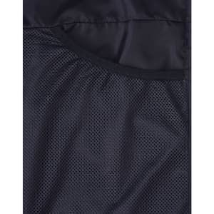 A black textured fabric featuring mesh detailing, part of a men's sustainable insulated puffer jacket.