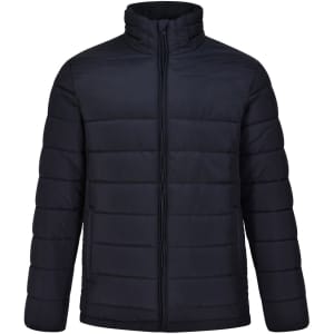 Men's sustainable insulated puffer jacket in navy blue with a zip front and a simple design. Features a logo.