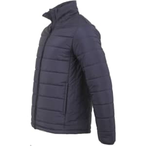 A navy men's sustainable insulated puffer jacket with a 3D cut, featuring a high collar and zip front.