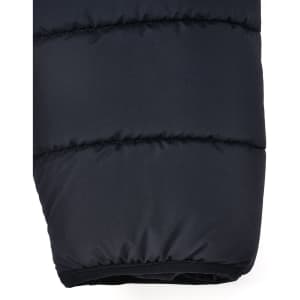 A black insulated puffer jacket featuring a 3D cut and a logo. The jacket is plush and slightly shiny.