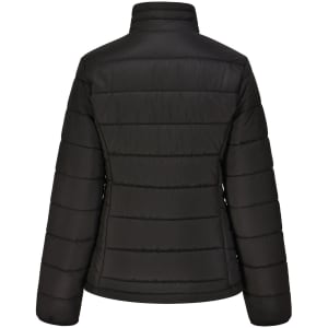 A black sustainable insulated puffer jacket featuring a 3D cut with a quilted design and a high collar.