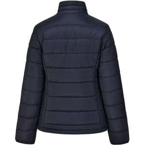 A navy blue ladies' sustainable insulated puffer jacket with a 3D cut and a logo on the back.