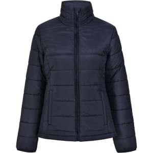 A navy ladies' insulated puffer jacket with a high collar and a zip-up front, featuring a logo.