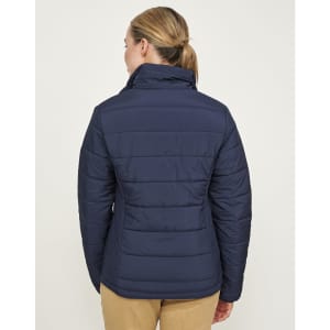 A women's navy blue sustainable insulated puffer jacket with a 3D cut, featuring a standing collar and fitted design.