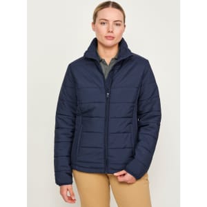 A navy insulated puffer jacket featuring a 3D cut design, with a zip closure and a collar, worn by a model.