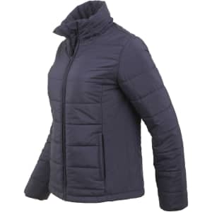 A ladies' sustainable insulated puffer jacket in navy blue with a 3D cut design and a logo.