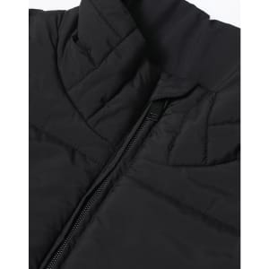 A black insulated puffer vest featuring a 3D cut and a zipper, with a branded logo.