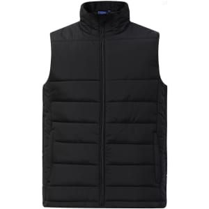A black insulated puffer vest featuring a high collar and a zip front, designed with a 3D cut. It includes a logo.