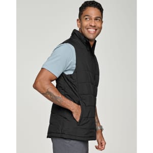 A black insulated puffer vest with a 3D cut, featuring side pockets and a collared neckline.