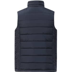 A navy blue men's sustainable insulated puffer vest with a 3D cut, featuring a simple design and a logo.