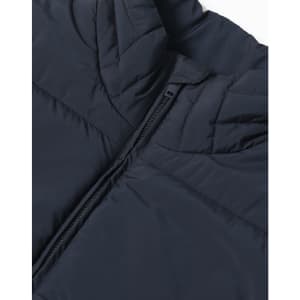 A navy insulated puffer vest featuring a 3D cut with a front zipper and a branded logo.