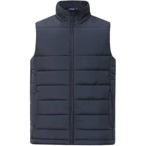 A men's sustainable insulated puffer vest in navy blue with a 3D cut design and a front zip closure.