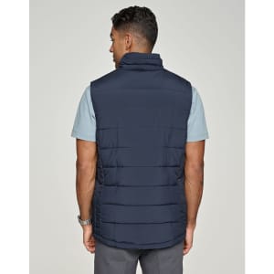 Men's sustainable insulated puffer vest in navy, featuring a high collar and a classic stitched design.
