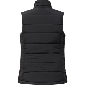 A black ladies' sustainable insulated puffer vest with a 3D cut, featuring a smooth, quilted design and no sleeves.