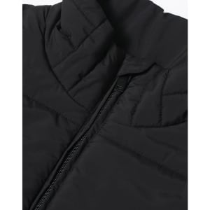 A black sustainable insulated puffer vest with a 3D cut and a zippered closure, featuring a logo.
