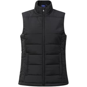 A black ladies' sustainable insulated puffer vest with a full zip and a collared neckline. It features a logo.