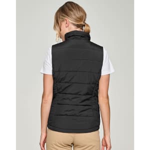 A black insulated puffer vest with a 3D cut, featuring a high collar and no visible branding.