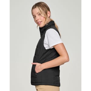 A black insulated puffer vest with a 3D cut, featuring a zip pocket and a sleek design.