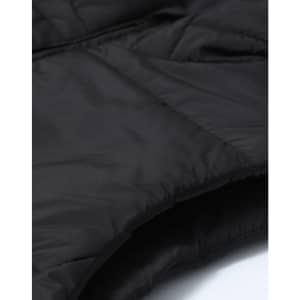 A close-up of a black insulated puffer vest featuring a 3D cut and a textured fabric. The image includes branding.