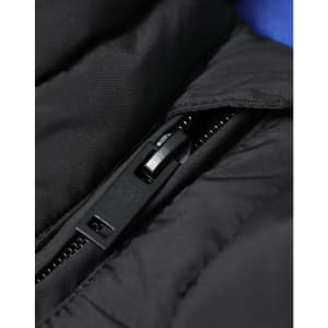 A black insulated puffer vest featuring a zippered opening and a smooth outer texture. It has a logo on the fabric.
