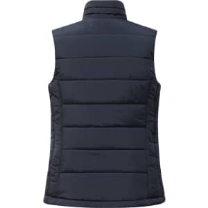 A navy insulated puffer vest with a 3D cut and a high collar, featuring a logo. Ideal for layering.