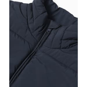 A dark navy insulated puffer vest with a high collar and zipper, featuring a fabric texture and stitching details.