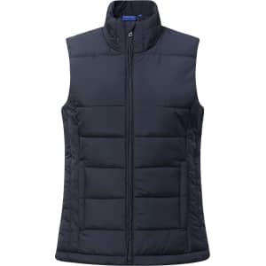 A navy insulated puffer vest featuring a 3D cut and front zip, with a logo on the collar.