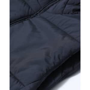 A navy blue sustainable insulated puffer vest with a 3D cut, featuring a quilted texture and a logo.
