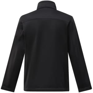 A black sustainable softshell corporate jacket features a high collar and long sleeves, with a logo on the back.