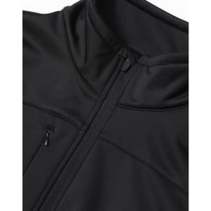 A black men's sustainable softshell corporate jacket with a zippered pocket and high collar. It features a smooth, sleek design.