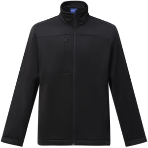 A black men's sustainable softshell jacket with a standing collar and a zip pocket on the front. Features branding.