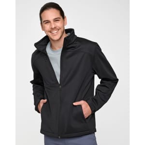 A black men's sustainable softshell corporate jacket features a zip front and two side pockets. It has a branding logo.