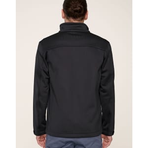 A men's sustainable softshell corporate jacket in black, featuring a collar and a simple, sleek design.